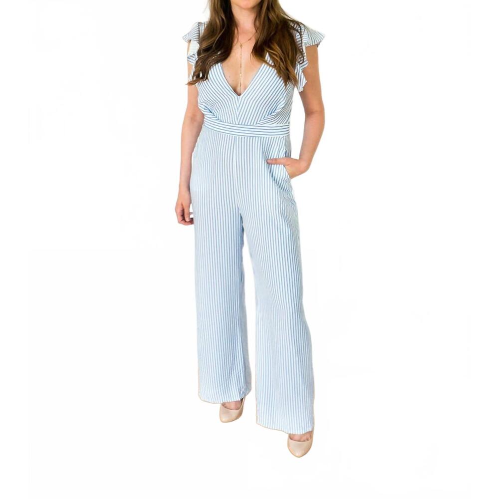 NEW FASHION DISTRICT LA sail away ruffled open back striped jumpsuit in blue
